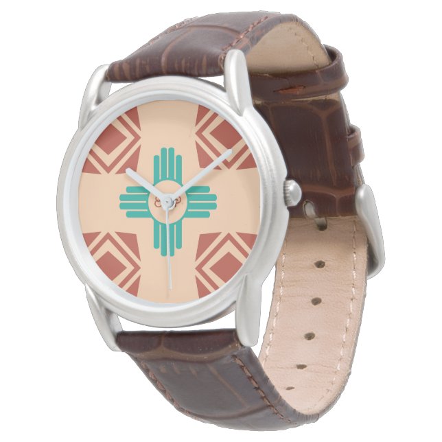 Turquoise Zia Tribal Brown Tan Watch (Angled)