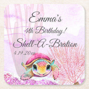 Turtle 4th Birthday, Under the Sea Square Paper Coaster