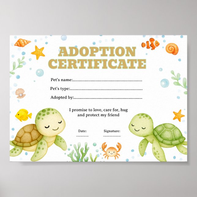 Turtle adopt a pet certificate editable poster (Front)