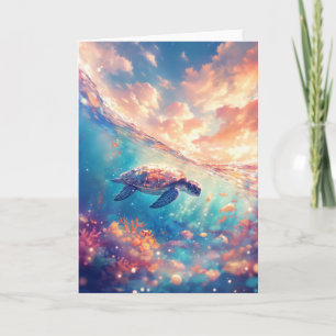 Turtle Amidst Sunset and Coral Reef Card