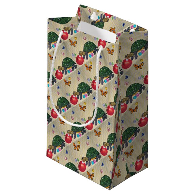 Turtle and Apple Shabby Chic Gift Wrap Small Gift Bag (Front Angled)
