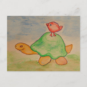 Turtle and bird going for a walk postcard
