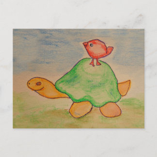 Turtle and bird going for a walk postcard