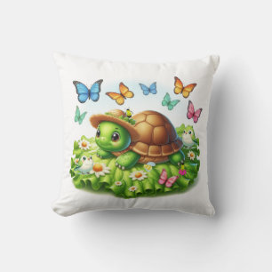 Turtle and Birds in a Garden of Whimsy Throw Pillow