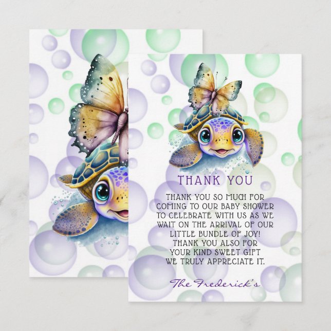 Turtle and Butterfly Baby Shower Thank You Cards (Front/Back)