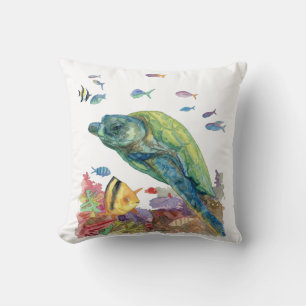 Turtle and fishes in the sea  throw pillow