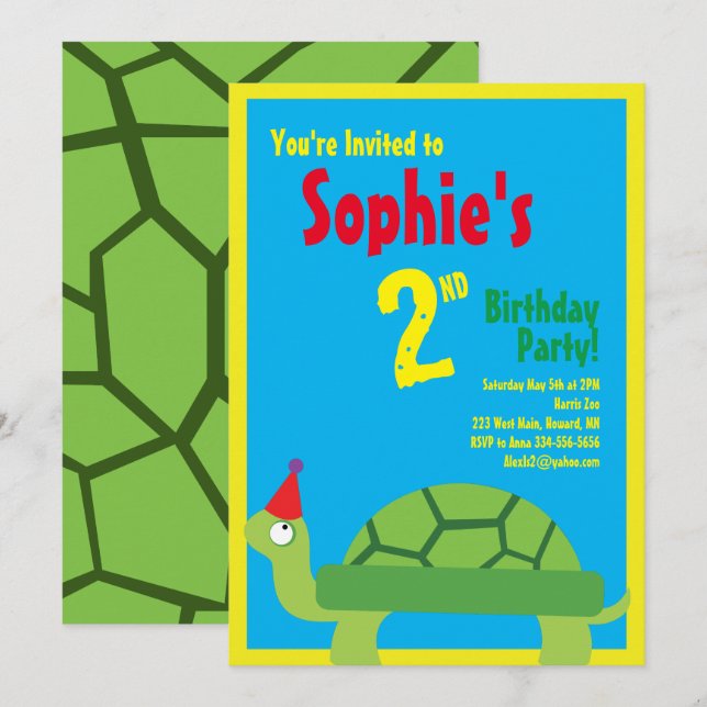 Turtle Animal Kid's Birthday Party Invitations (Front/Back)