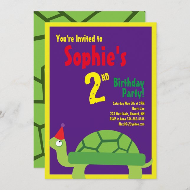 Turtle Animal Kid's Birthday Party Invitations (Front/Back)