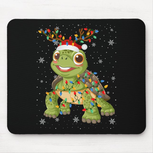 Turtle Animal Santa Hat Ugly Christmas Tree Lights Mouse Pad (Front)