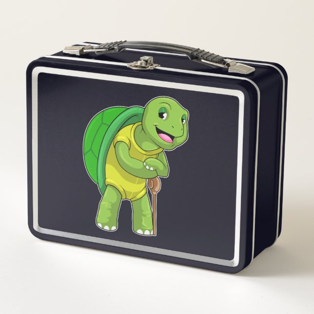 Turtle as Pensioner with Walking stick Metal Lunch Box (Front)