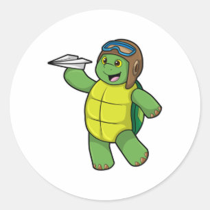 Turtle as Pilot with Paper plane Classic Round Sticker