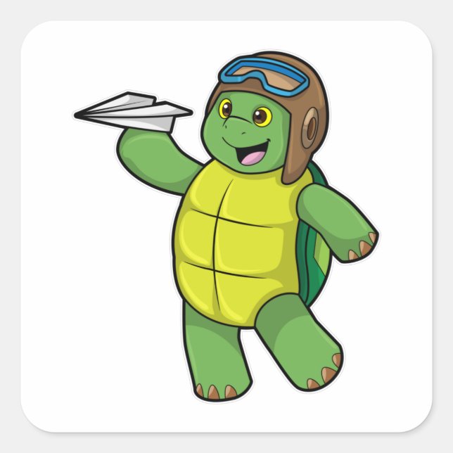 Turtle as Pilot with Paper plane Square Sticker (Front)