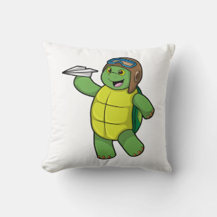 Turtle as Pilot with Paper plane Throw Pillow