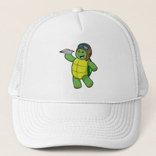 Turtle as Pilot with Paper plane Trucker Hat