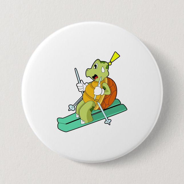 Turtle as Skier with Ski 3 Inch Round Button (Front)