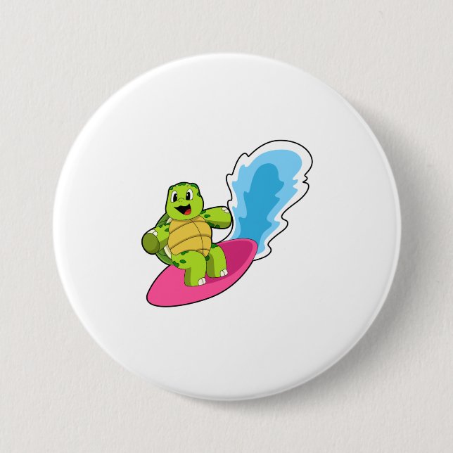 Turtle as Surfer with Surfboard 3 Inch Round Button (Front)