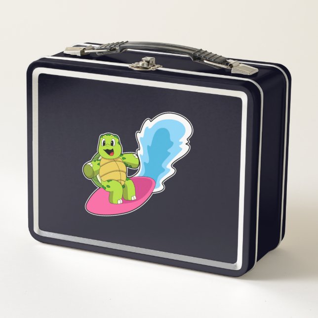 Turtle as Surfer with Surfboard Metal Lunch Box (Front)