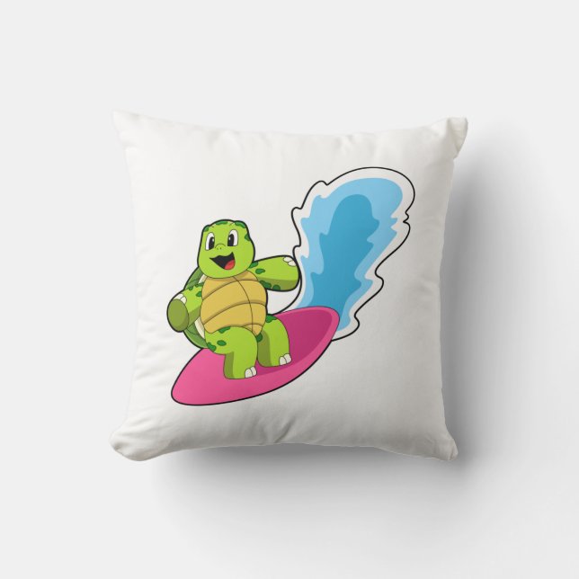 Turtle as Surfer with Surfboard Throw Pillow (Front)