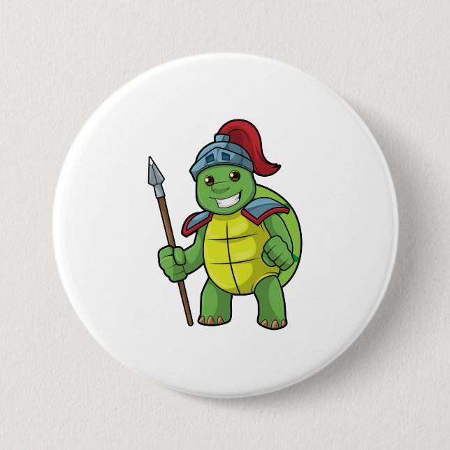 Turtle as Warrior with Spear & Helmet 3 Inch Round Button (Front)