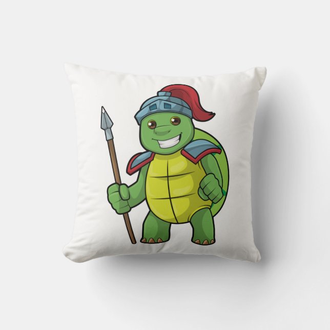 Turtle as Warrior with Spear & Helmet Throw Pillow (Front)