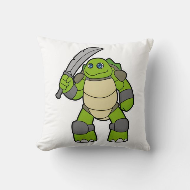 Turtle as Warrior with Sword Throw Pillow (Front)