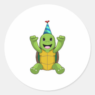Turtle at Birthday with Party hat Classic Round Sticker