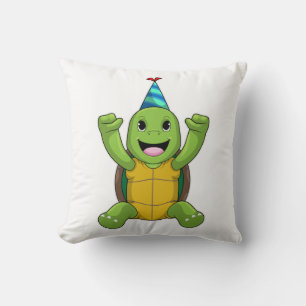 Turtle at Birthday with Party hat Throw Pillow