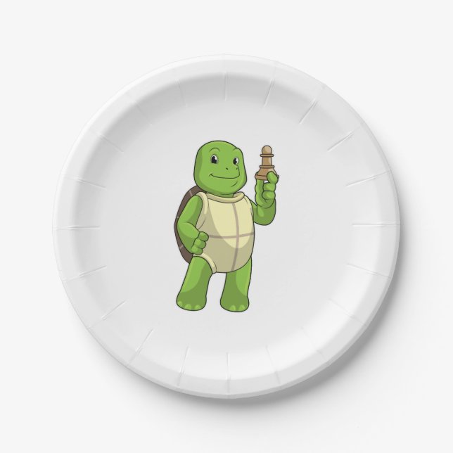 Turtle At Chess With Chess Piece Pawn Paper Plate (Front)