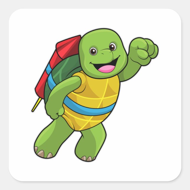 Turtle at Flying with Rocket Square Sticker (Front)