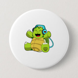 Turtle at Music with Headphone 3 Inch Round Button