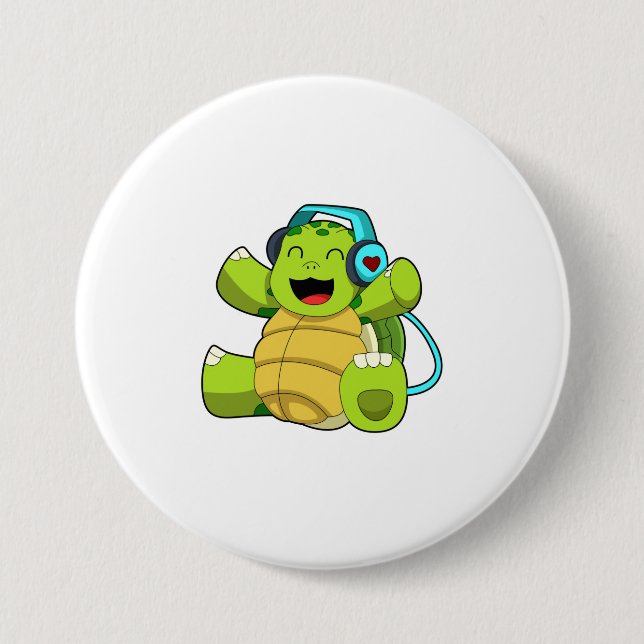 Turtle at Music with Headphone 3 Inch Round Button (Front)
