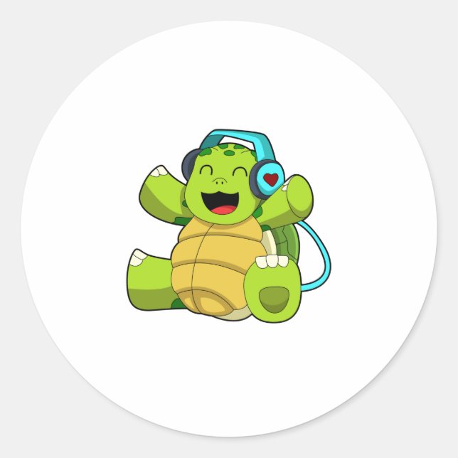 Turtle at Music with Headphone Classic Round Sticker (Front)