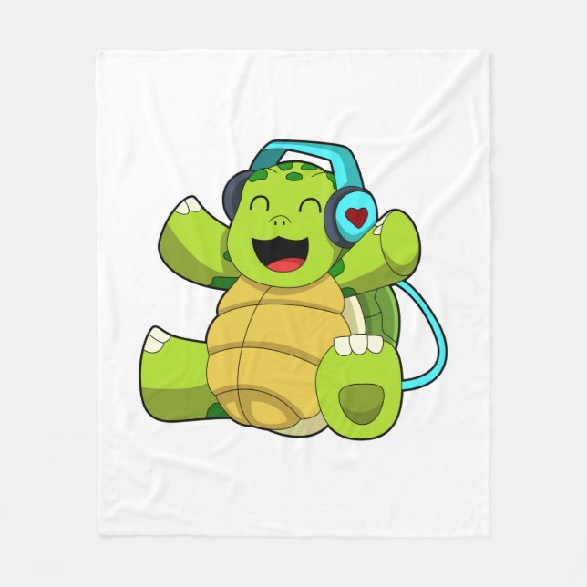 Turtle at Music with Headphone Fleece Blanket (Front)