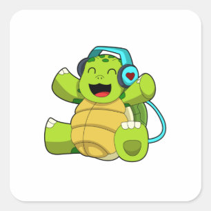 Turtle at Music with Headphone Square Sticker