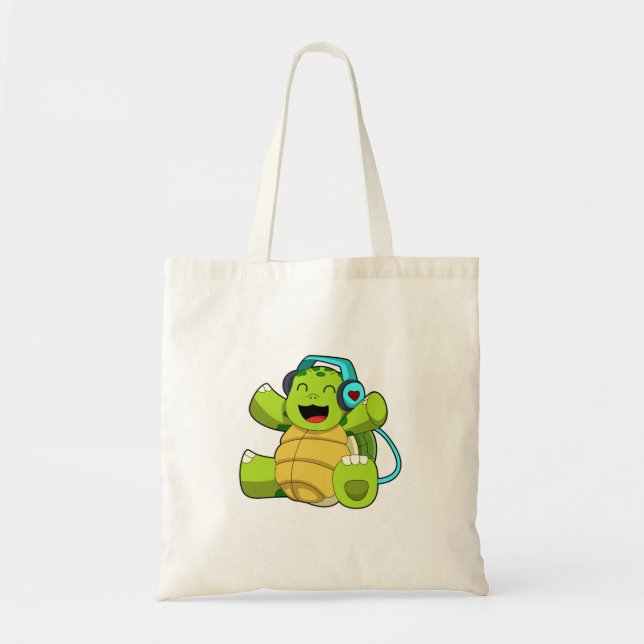 Turtle at Music with Headphone Tote Bag (Front)