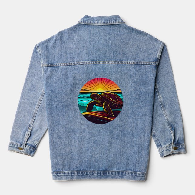 Turtle at Sunset, Inspiring Nature Design Denim Jacket (Back)