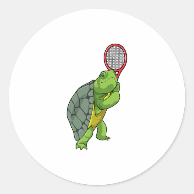 Turtle at Tennis with Tennis racket Classic Round Sticker (Front)