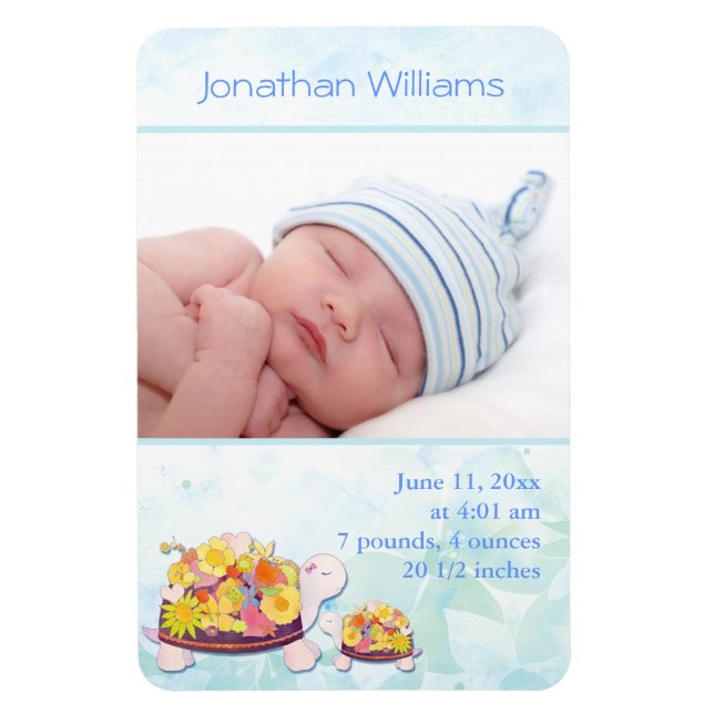 Turtle Baby Boy Photo Birth Announcement Magnet (Vertical)