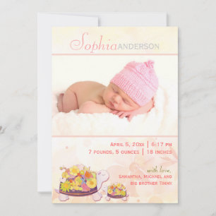Turtle Baby Girl Photo Birth Announcement