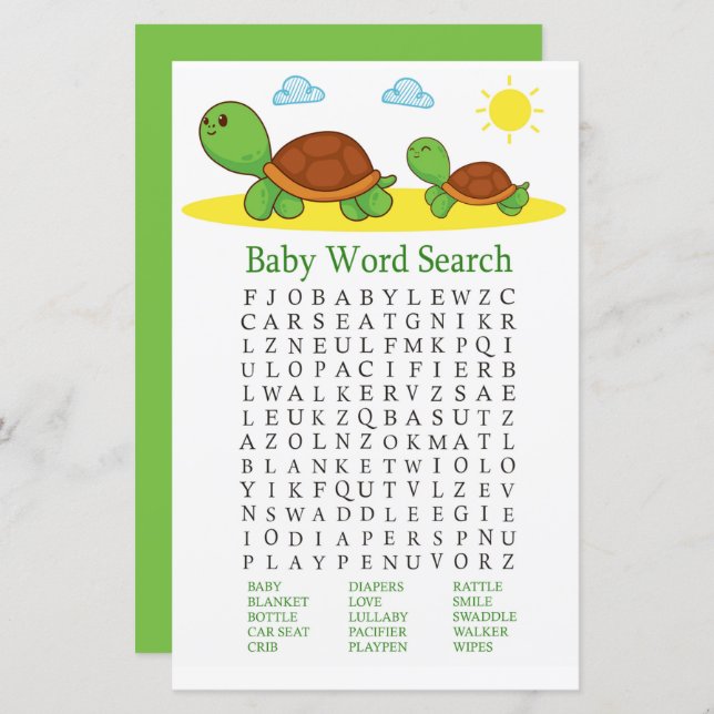 Turtle Baby Shower Word Search Game (Front/Back)