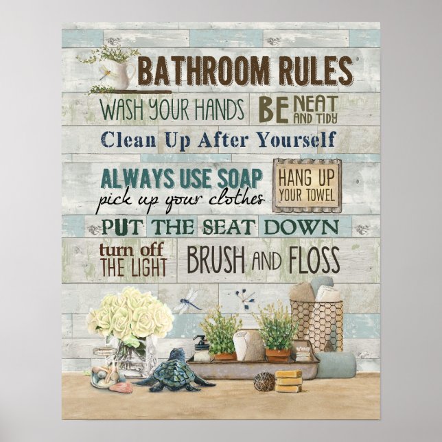 Turtle Bathroom Rules Inspirational & Motivational Poster (Front)