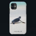 Turtle Beach Journey Personalized Name | Nature iPhone 11 Case<br><div class="desc">This design features a baby turtle making it's way to the ocean after being born. Personalize by editing the text in the text box or delete text for no name.
#turtle #sealife #ocean #seaturtle #leatherback #beach #sealife #personalized #iPhonecase</div>