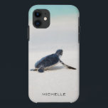 Turtle Beach Journey Personalized Name | Nature iPhone 11 Case<br><div class="desc">This design features a baby turtle making it's way to the ocean after being born. Personalize by editing the text in the text box or delete text for no name.
#turtle #sealife #ocean #seaturtle #leatherback #beach #sealife #personalized #iPhonecase</div>