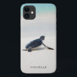 Turtle Beach Journey Personalized Name | Nature iPhone 11 Case<br><div class="desc">This design features a baby turtle making it's way to the ocean after being born. Personalize by editing the text in the text box or delete text for no name.
#turtle #sealife #ocean #seaturtle #leatherback #beach #sealife #personalized #iPhonecase</div>