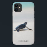 Turtle Beach Journey Personalized Name | Nature iPhone 11 Case<br><div class="desc">This design features a baby turtle making it's way to the ocean after being born. Personalize by editing the text in the text box or delete text for no name.
#turtle #sealife #ocean #seaturtle #leatherback #beach #sealife #personalized #iPhonecase</div>