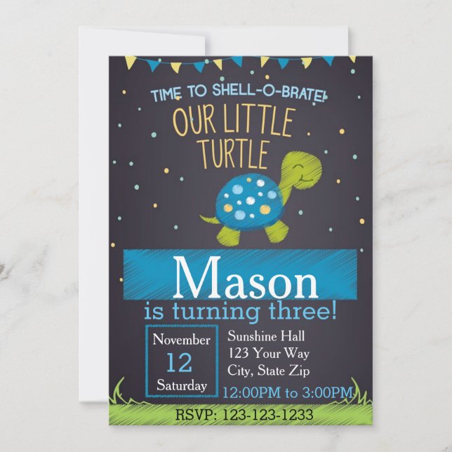 Turtle Birthday Invitation (blue) (Front)
