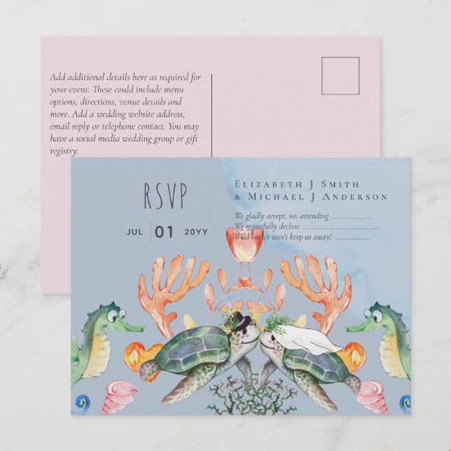 Turtle Bride and Groom Ocean Sea Life Wedding RSVP Postcard (Front/Back)