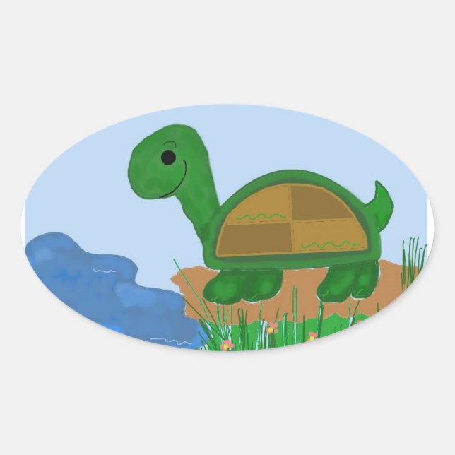 Turtle by the Pond Oval Sticker (Front)