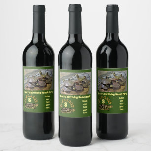 Turtle Cartoon Birthday Beach Party Photo Wine Label