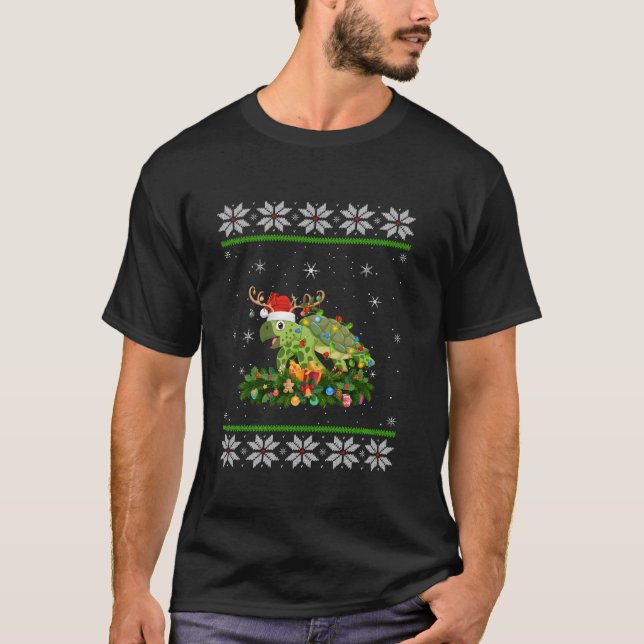 Turtle Christmas Lights Reindeer Santa Hat Turtle  T-Shirt (Front)